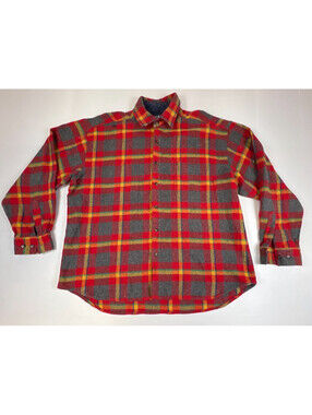 Gap Men XL Red Gray Plaid Vintage Wool Blend Flannel Shirt Long Sleeve Button Up
